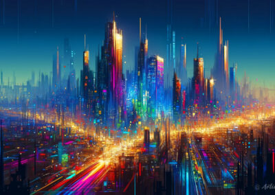 Cyberpunk City Palette Knife Style Painting