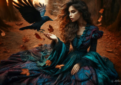 Raven Lady In Autumn Leaves